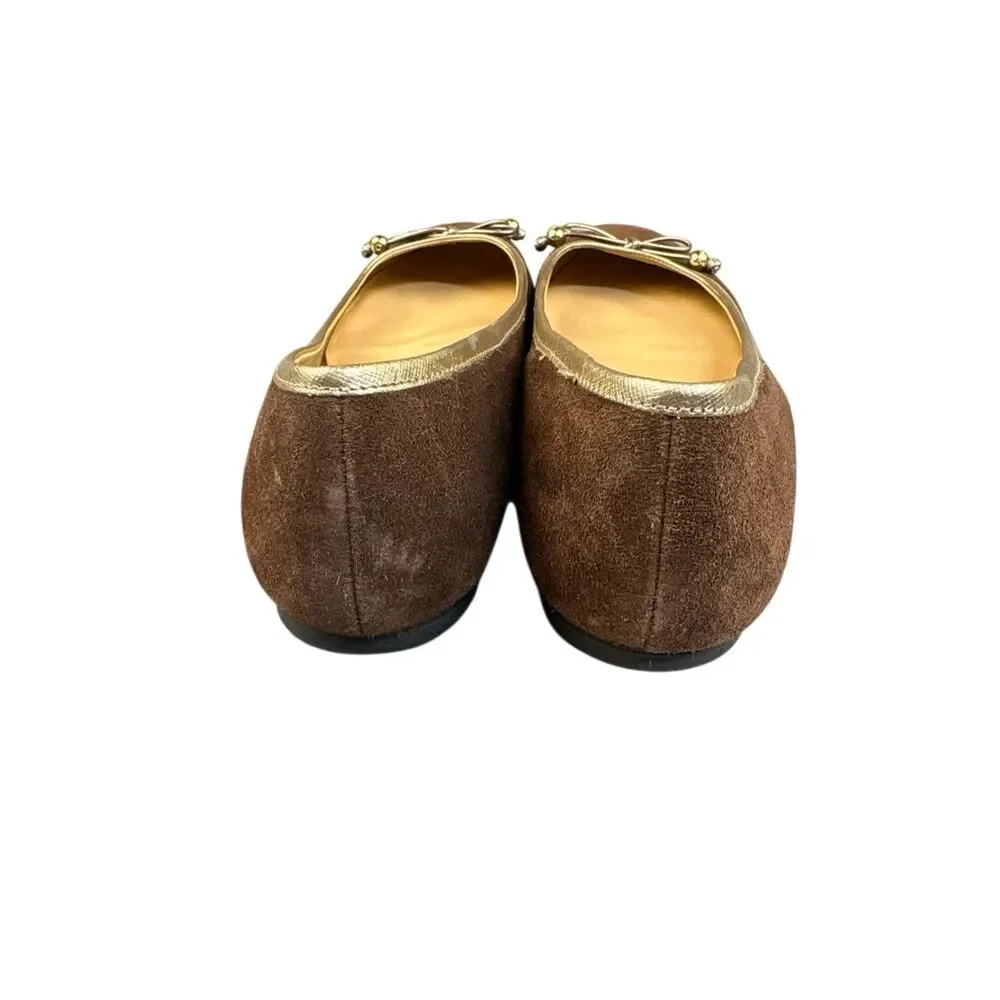 Lilly Pulitzer Brown Suede Ballet Flats Gold Trim Bow Women’s Size 8.5